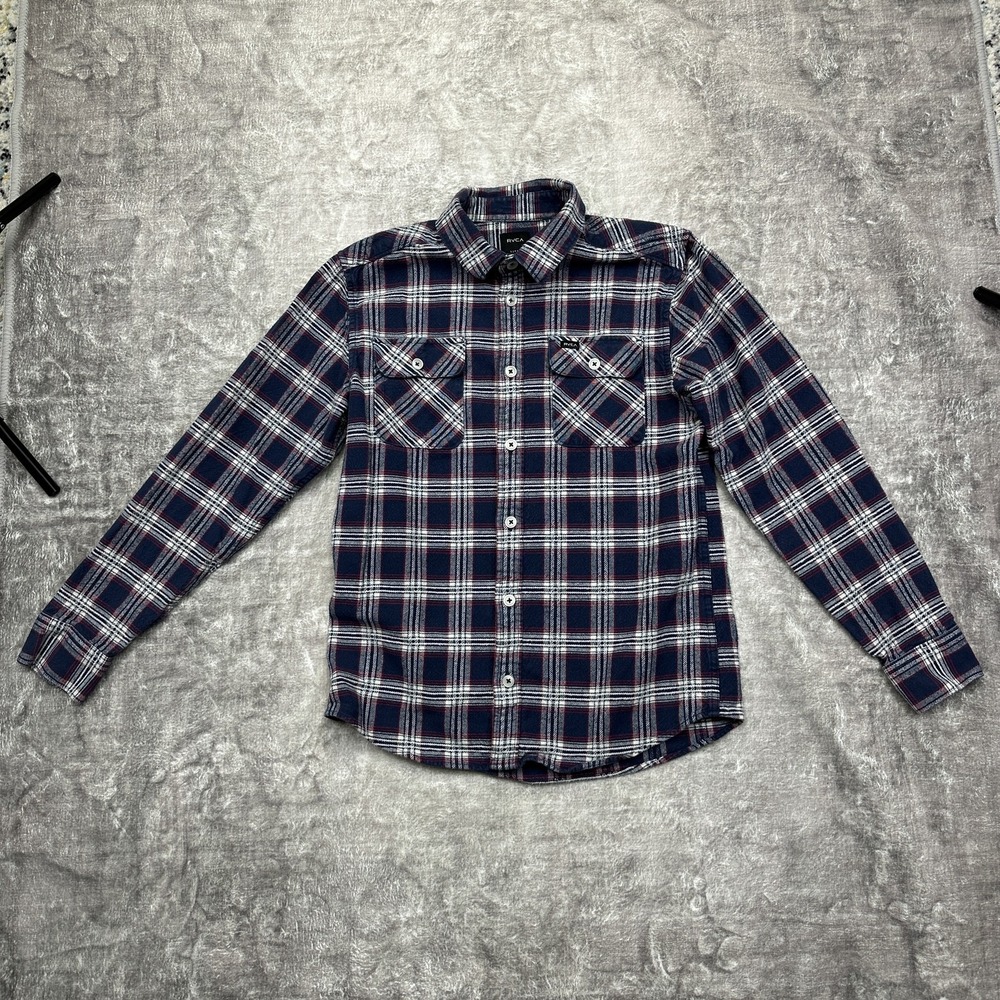RVCA Shirt Mens Small Blue Red Plaid Flannel Button Up Regular Fit Casual